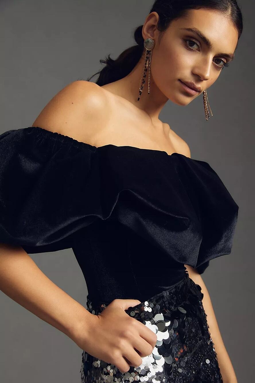 New Anthropologie Hutch Velvet Corset Top $148 SIZE 0P Black Off The Shoulder